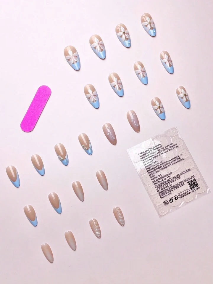 Ocean & Floral Almond 3D Press-on Nails
