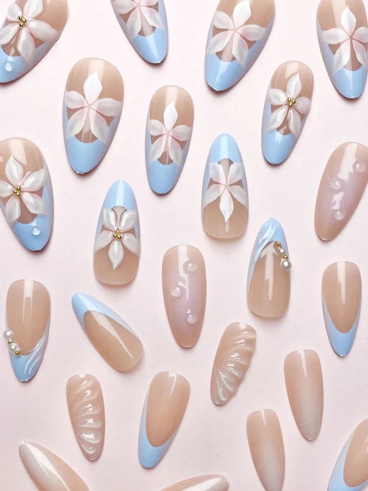 Ocean & Floral Almond 3D Press-on Nails