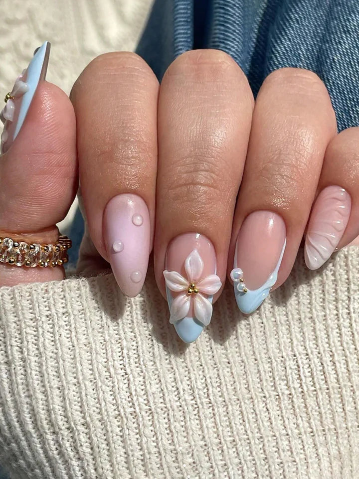 Ocean & Floral Almond 3D Press-on Nails