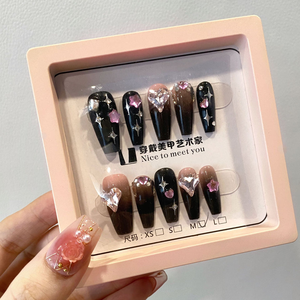 Handmade Luxury Press On Nails – Custom Thick Acrylic Set with Sparkling Rhinestones