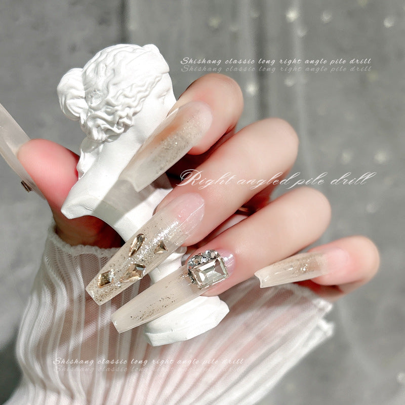 Handmade Crystal Luxury Square Nails Full Diamond French Manicure Set