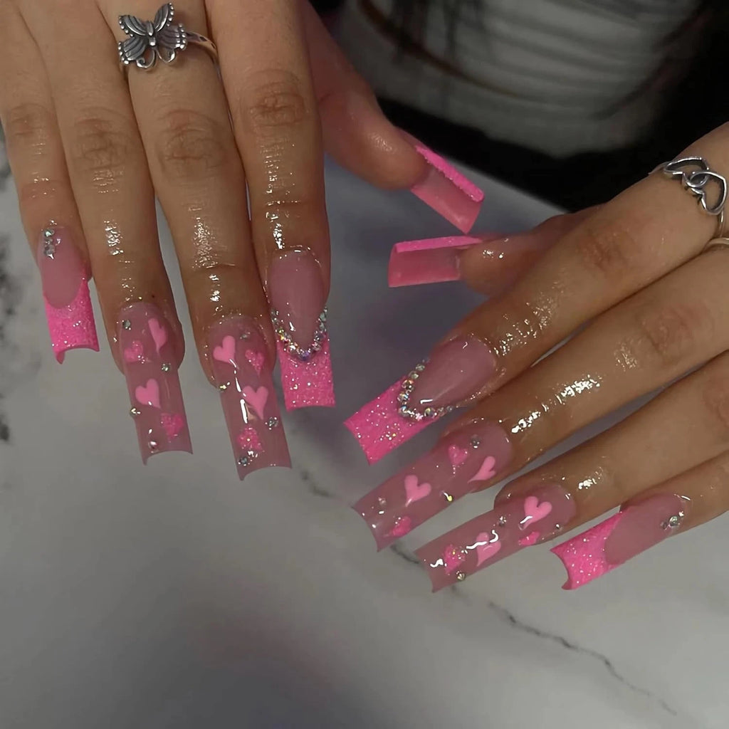 Pink French Glue on Nails Shiny Rhinestone