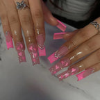 Pink French Glue on Nails Shiny Rhinestone