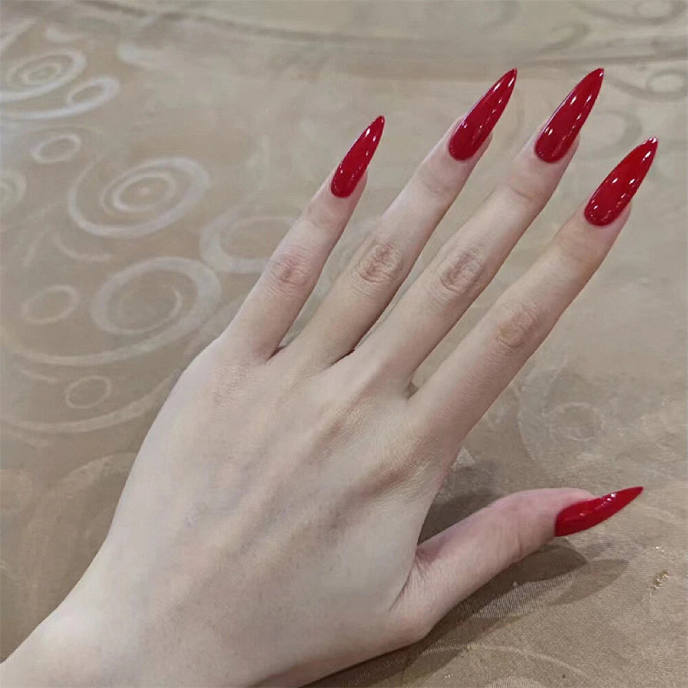 Deep Red Glossy Fake Nail Long Sharp Tips 24pcs