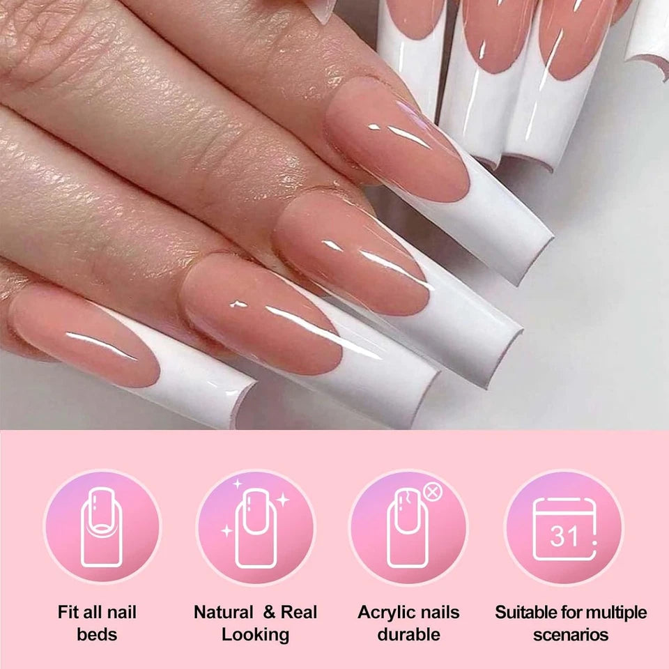 Pink white long coffin press nail set