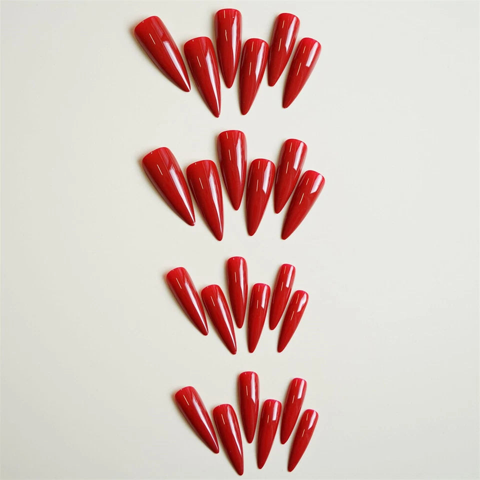 Deep Red Glossy Fake Nail Long Sharp Tips 24pcs
