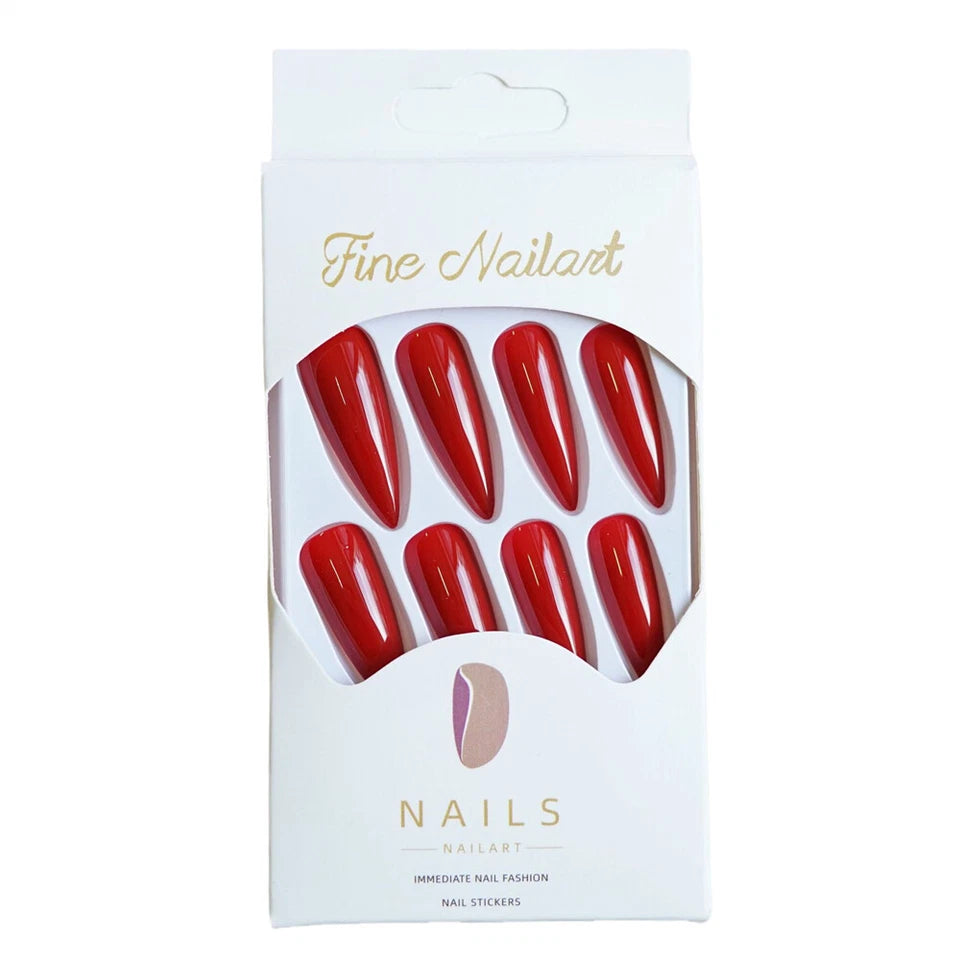 Deep Red Glossy Fake Nail Long Sharp Tips 24pcs