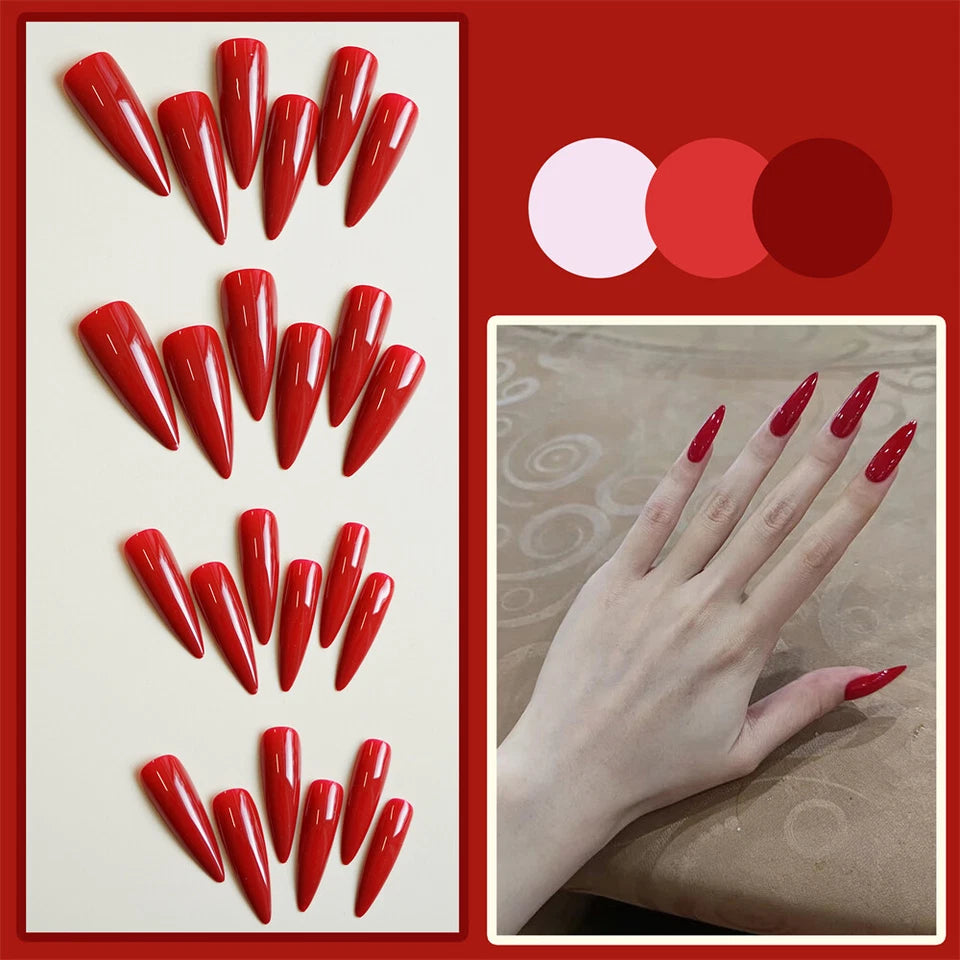 Deep Red Glossy Fake Nail Long Sharp Tips 24pcs