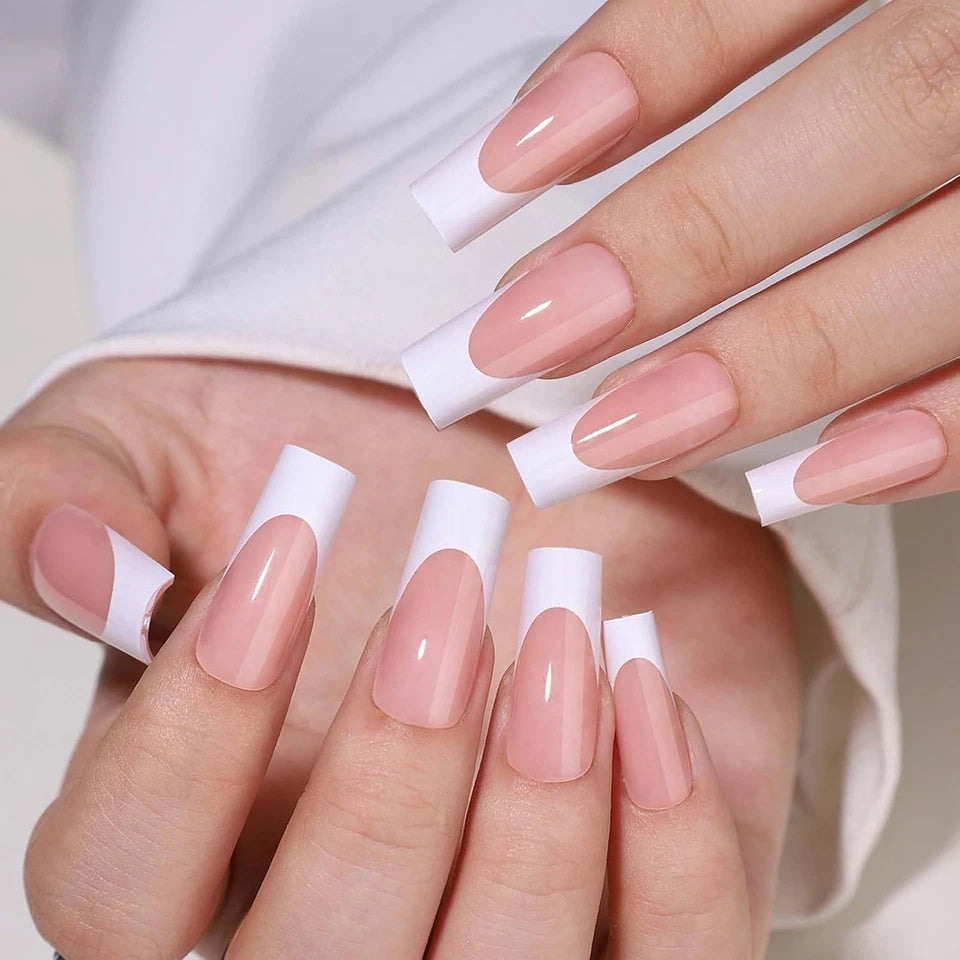 Pink white long coffin press nail set