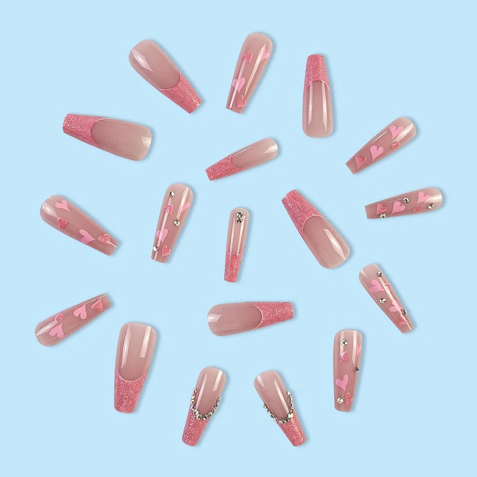 Pink French Glue on Nails Shiny Rhinestone